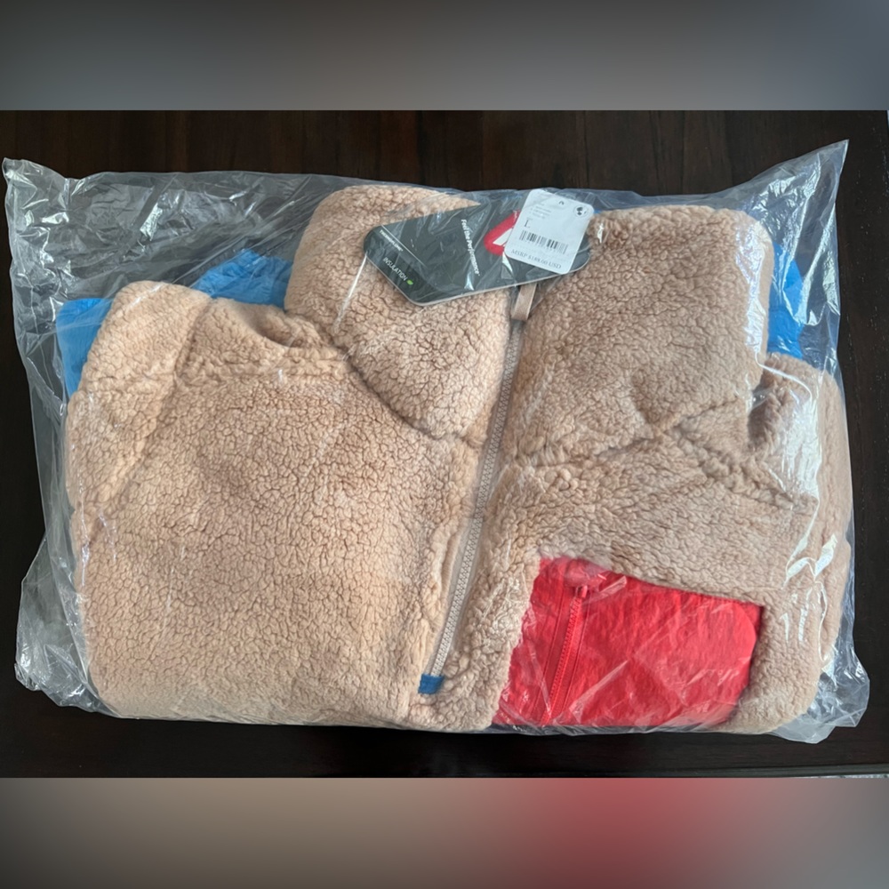 Free People Tan Sherpa Vest with Blue Sleeves & Red Pocket - Picture 6 of 8